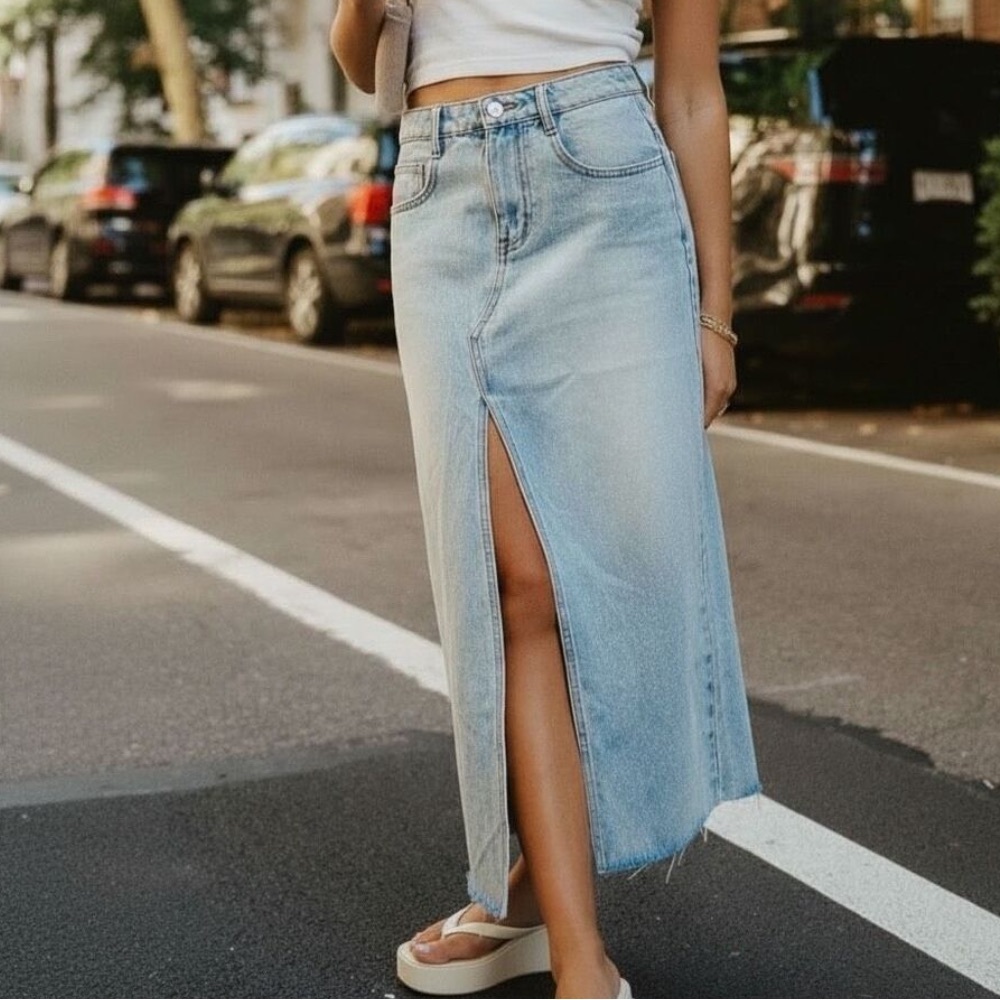 High-Rise Light Blue Denim Midi Skirt with Front Slit